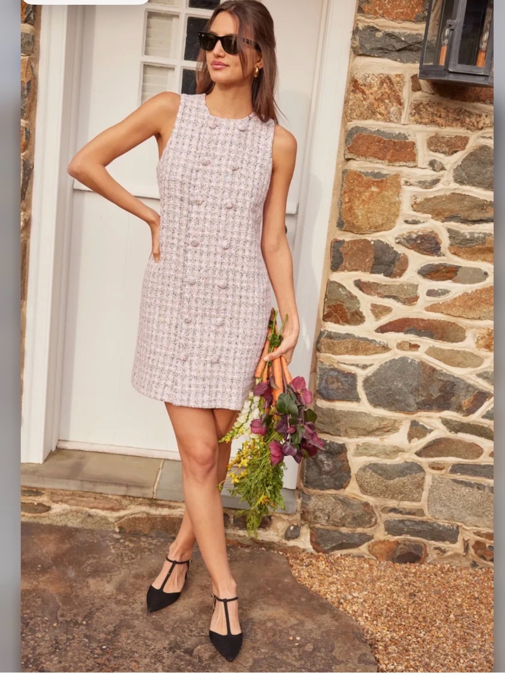 Sleeveless Pink Tweed Shift Dress